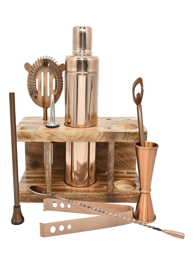 HAINE Barware Tools Bar Set of 8 Pieces Bar Accessories with Wooden Stand, Rose Gold - Image 4